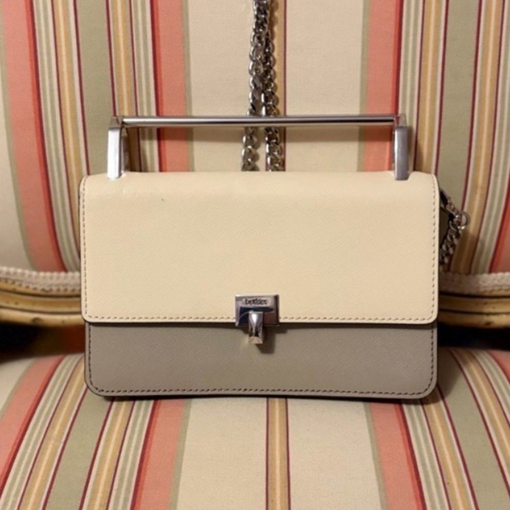 Botkier Cream and Tan Crossbody Bag With Chain & Structural Handle
